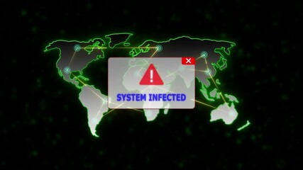 SYSTEM INFECTED Alert Warning Message Attack on World map. radio waves Network Seamless loop Motion Background. UI Elements HUD, Digital global world map and technology concept. - Powered by Adobe