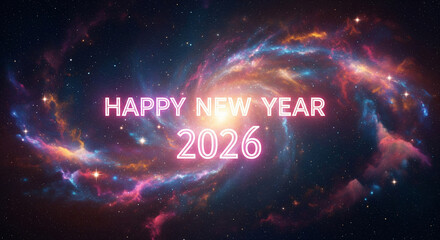 Happy New Year 2026 greeting with glowing pink neon text set against a stunning cosmic background of a colorful spiral galaxy, stars, and interstellar clouds
