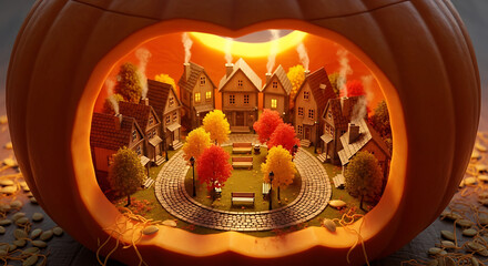 Autumn Village Scene Carved Inside a Pumpkin for Halloween Ambiance
