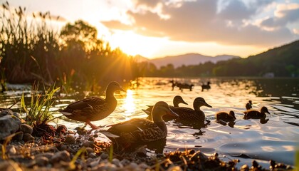 Ducks at sunset on a lake