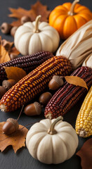 Close-up of corn cobs, pumpkins, acorns, and autumn leaves on dark background, showcasing harvest season abundance and Thanksgiving theme
