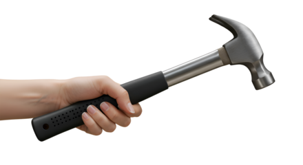 Female hand holding modern hammer isolated, construction tool being held tightly, hammer with rubber handle on transparent background, close-up of hand holding hammer