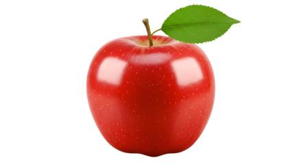 Fresh red apple with green leaf on editable transparent background, isolated fruit on transparent background, close up of fruit with stem and leaf