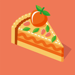 A piece of peach cake is presented on a vector illustration on a solid background, showing its individual layers - a soft sponge cake, a juicy peach filling, and each element on an isolated layer