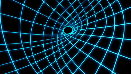 Abstract blue grid tunnel with a dark center creating a sense of depth and movement