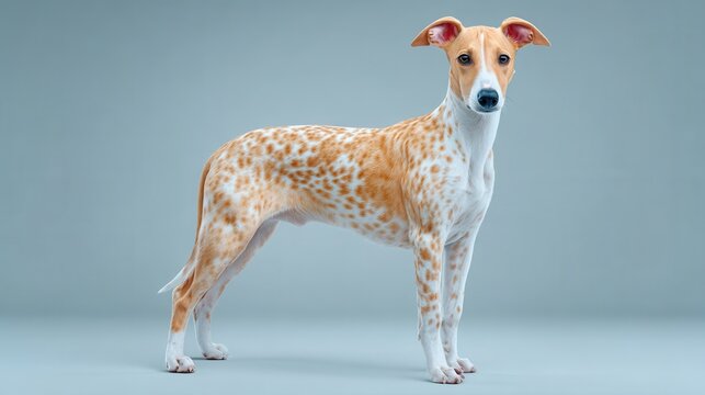 A dog with white and brown spots stands in front of a grey wall - Powered by Adobe