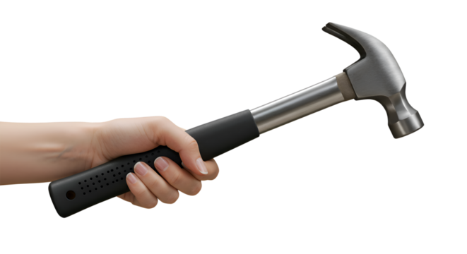 Female hand holding modern hammer isolated, construction tool being held tightly, hammer with rubber handle on transparent background, close-up of hand holding hammer