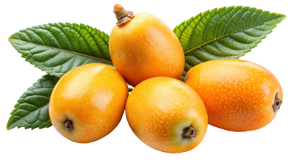 A cluster of ripe loquats with vibrant green leaves isolated on transparent background