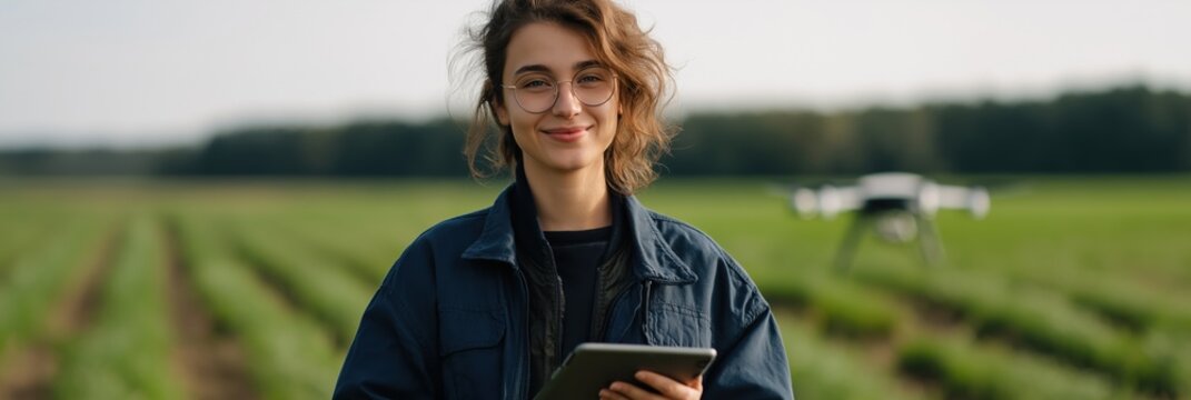 Young caucasian female in agriculture field with drone and tablet technology