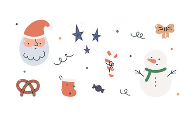 Christmas element collection. Santa, snowman, sock, candy, pretzel, bow. Holiday decoration. Merry Christmas, Happy New Year. Cartoon flat vector illustration.	