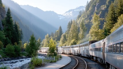 Fototapeta premium Passenger Train Traversing Through Verdant Mountain Landscape Under Sunlight With Tall Trees And Clear Sky Transportation Concept
