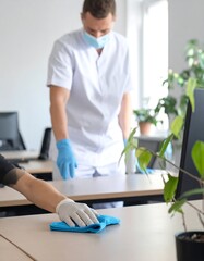 Office cleaning scene. Two people in protective gear clean a table