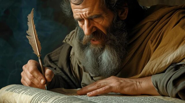Apostle Paul writing in parchment scroll inspired by the Holy Spirit.	