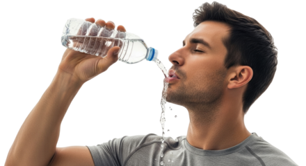 Man Pouring Water on Face from Bottle Isolated on Transparent PNG Background