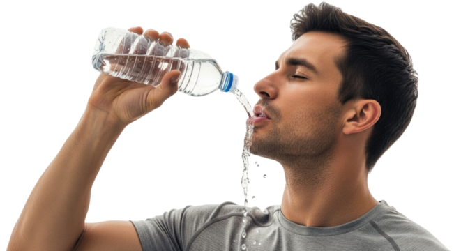 Man Pouring Water on Face from Bottle Isolated on Transparent PNG Background