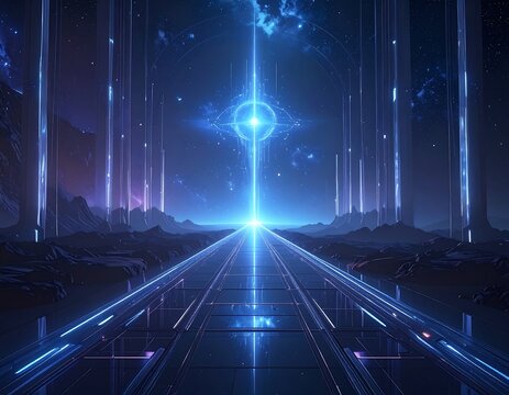 Futuristic pathway leading to a luminous celestial eye