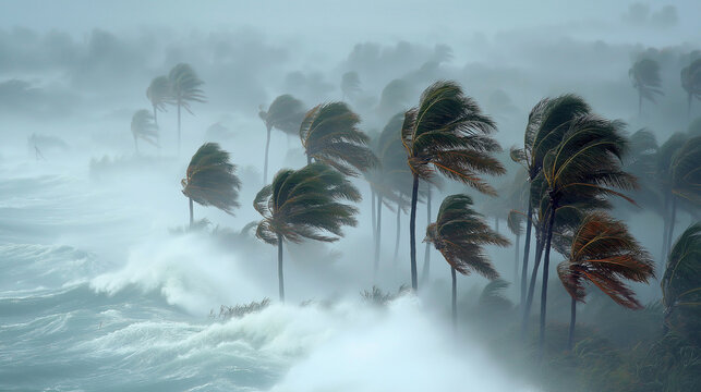 Palm trees blowing in the winds, catastrophic hurricane,top view	