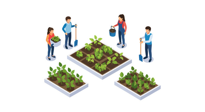 Isometric Illustration of People Gardening and Planting Vegetables.