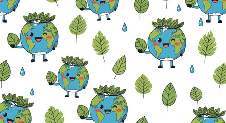 Obraz premium Cute Cartoon Earth Characters with Leaves and Raindrops Seamless Pattern.