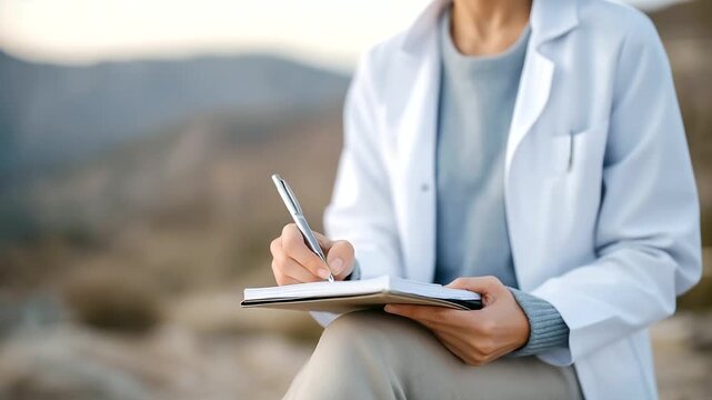 Nurse Writing Health Logbook at Sunset on Folding Stool