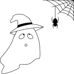 Cute ghost in a wizard hat and a spider hanging on a web. Vector illustration with transparent background.	