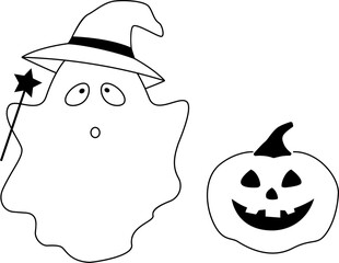 Cute ghost in a wizard hat and a pumpkin with spooky face. Vector illustration with transparent background.	