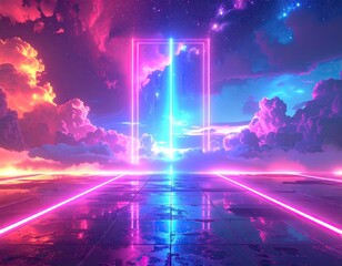 Obraz premium Neon Glowing Portal in a Fantasy Landscape