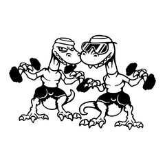 Fototapeta premium 2 T-Rex Gym Bodybuilder Team Training Fitness Weights Muscles Dino Dinosaurs