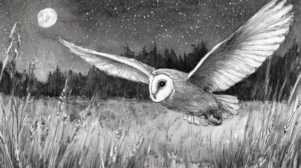 Barn Owl in Moonlight Flight Over Grassland