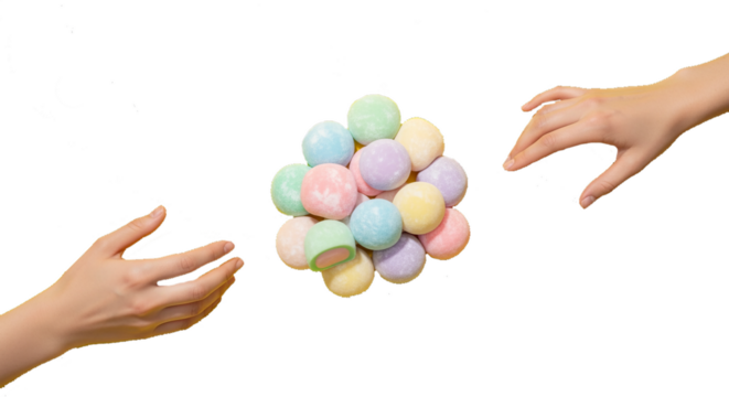 Colorful Round Treats Being Reached For on Transparent Background