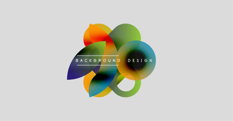 Abstract floral design. Overlapping colorful shapes create dynamic composition. Light gray background provides contrast. Modern aesthetic.