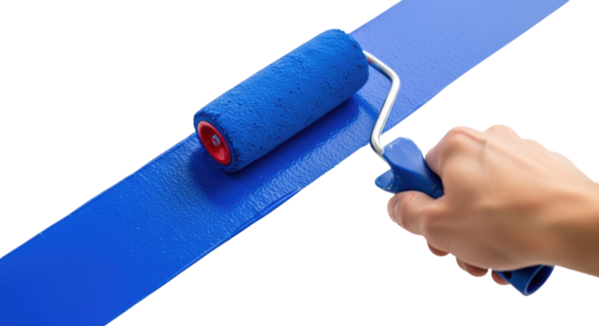 Hand with Blue Paint Roller Isolated on Transparent PNG Background - Powered by Adobe