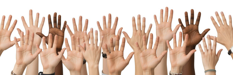 Diverse Hands Raised in Upward Direction on Black Backdrop