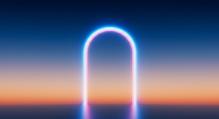 Glowing neon arch gateway at sunset digital art futuristic landscape abstract background portal light effect sci fi modern design dreamlike scene virtual reality