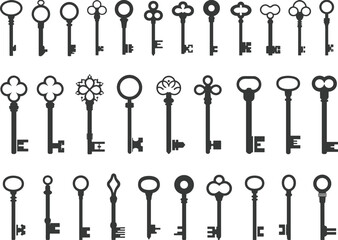Collection of Vintage Antique Keys Silhouettes, Ornamental Designs, Classic Lock Symbols, Isolated on White Background
