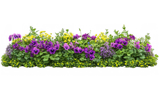 Vibrant purple and yellow flowers isolated on transparent background
