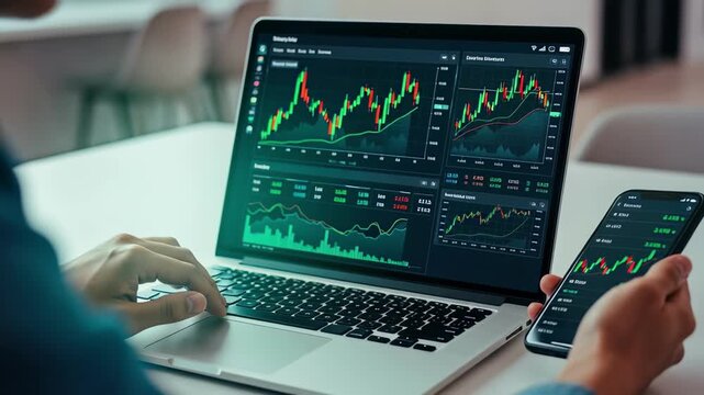 Professional analyzes dynamic stock market charts on laptop and smartphone, tracking investments digitally.