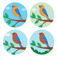 Naklejka premium Four colorful cartoon birds singing on branches against a blue background in a circular design, perfect for childrens illustrations or logos