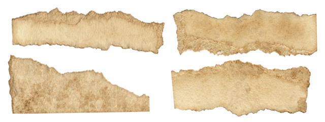 Collection of Aged Brown Retro Sticky Notes with ragged edge. Retro paper elements for scrapbooking, collage and journal design, isolated on a transparent background