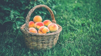 Rustic Woven Basket Overflowing with Juicy Peaches in a Lush Green Orchard