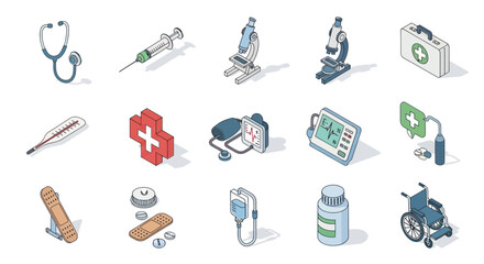 Isometric Medical and Healthcare Equipment Icons Set.