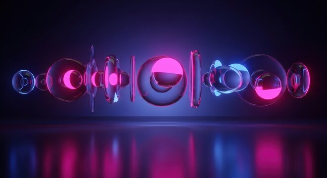 Futuristic abstract glass orbs composition with neon pink and blue illumination minimalist creative arrangement reflective surface professional visual for modern design