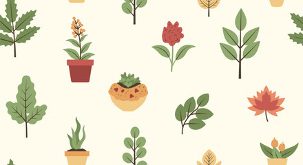 Colorful Potted Plants and Flowers Seamless Pattern.