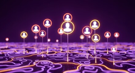 Network of connected people with glowing circles on topographical map illustrating social media connections and digital communication represented in a futuristic abstract