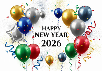 Happy New Year 2026 greeting card with realistic 3D balloons in gold, silver, blue, and red, with confetti and streamers on a white background for a festive party invitation