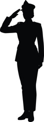 Silhouette of a Saluting Female Soldier in Military Uniform, Standing at Attention, Isolated on White Background