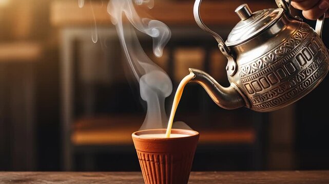 Pouring steaming hot chai tea from ornate metal pot into traditional clay cup creating cozy moment