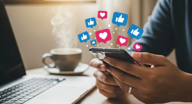 Social media engagement smartphone user laptop coffee modern workspace likes and hearts digital connection online presence technology interaction and connectivity - Powered by Adobe