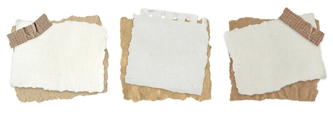 Set of Torn Vintage Note Paper. Aged grid sheet, spiral and blank textured pieces with tape for scrapbooking, journaling, diary and craft collages are isolated on a transparent background.