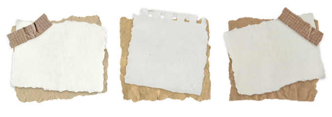 Set of Torn Vintage Note Paper. Aged grid sheet, spiral and blank textured pieces with tape for scrapbooking, journaling, diary and craft collages are isolated on a transparent background.